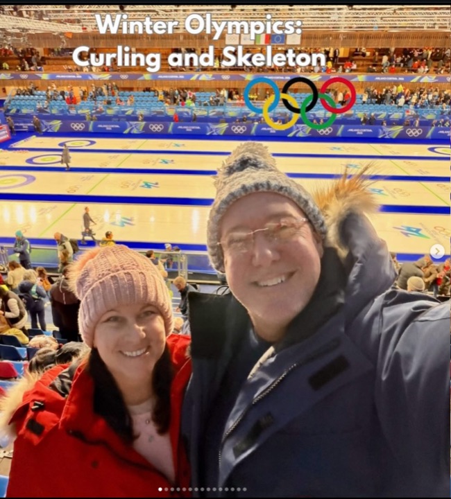 Aaron and Amanda at the Winter Olympics curling venue in Cortina d'Ampezzo