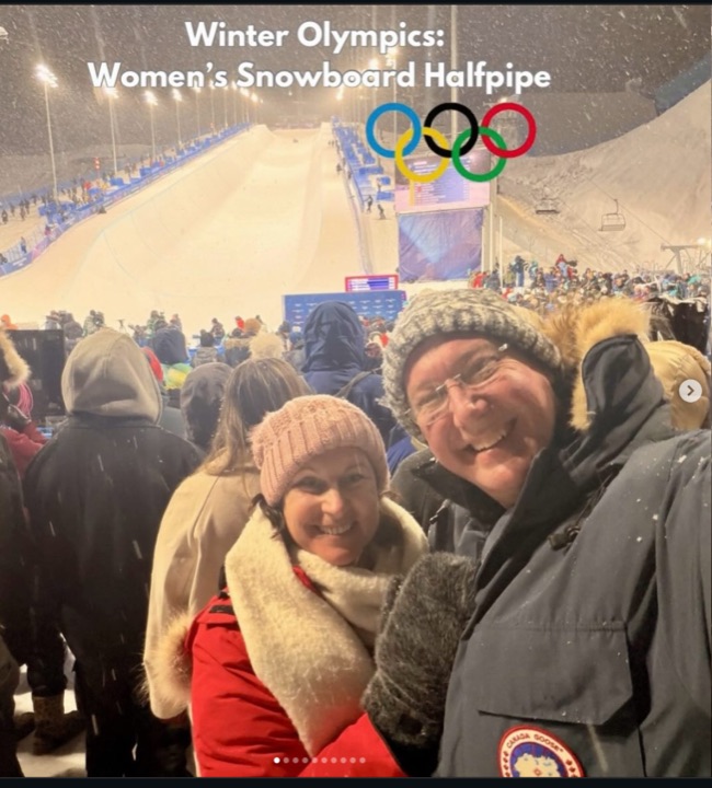 Aaron and Amanda at the Winter Olympics women's snowboard halfpipe in Livigno