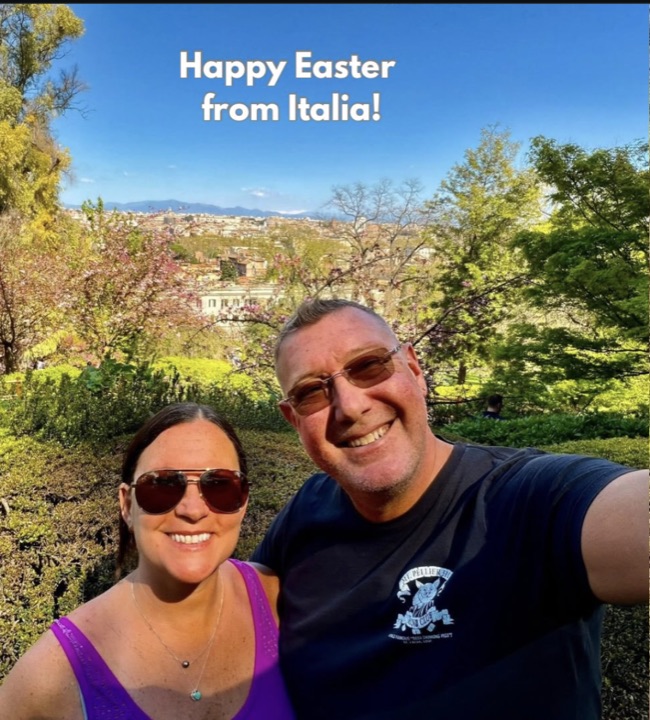 Aaron and Amanda in a garden overlooking Rome, Italy
