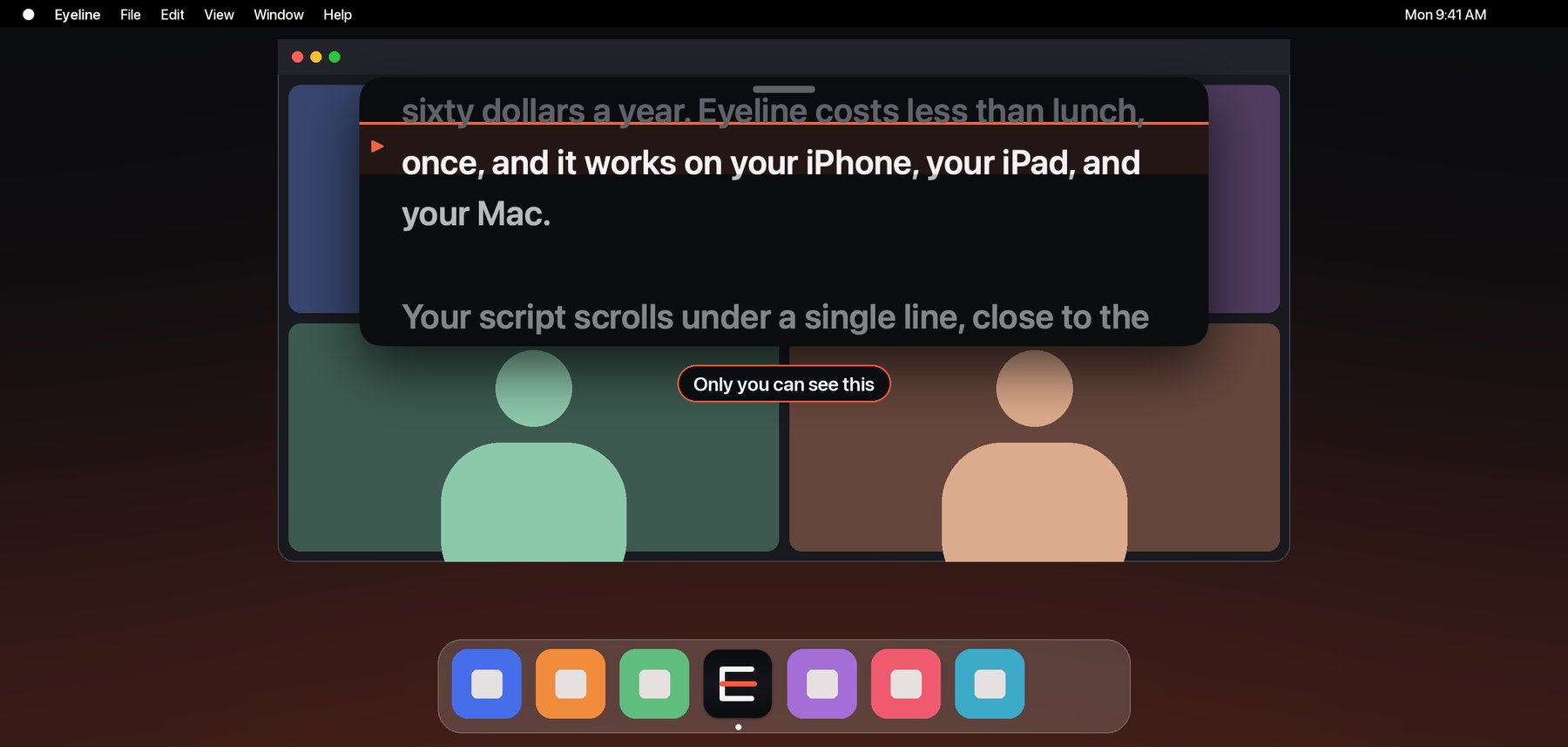 Eyeline's floating prompter sitting under the camera area of a video call on a Mac