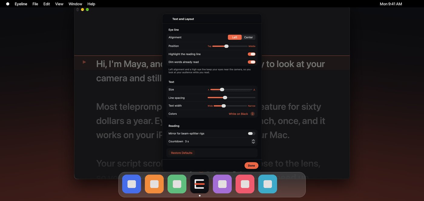 Text and layout settings in Eyeline on the Mac