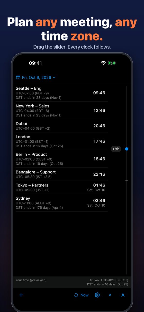 iPhone: ప్రివ్యూ స్లైడర్, DST గమనికలతో ఎనిమిది నగరాల సమావేశాన్ని ప్లాన్ చేయండి